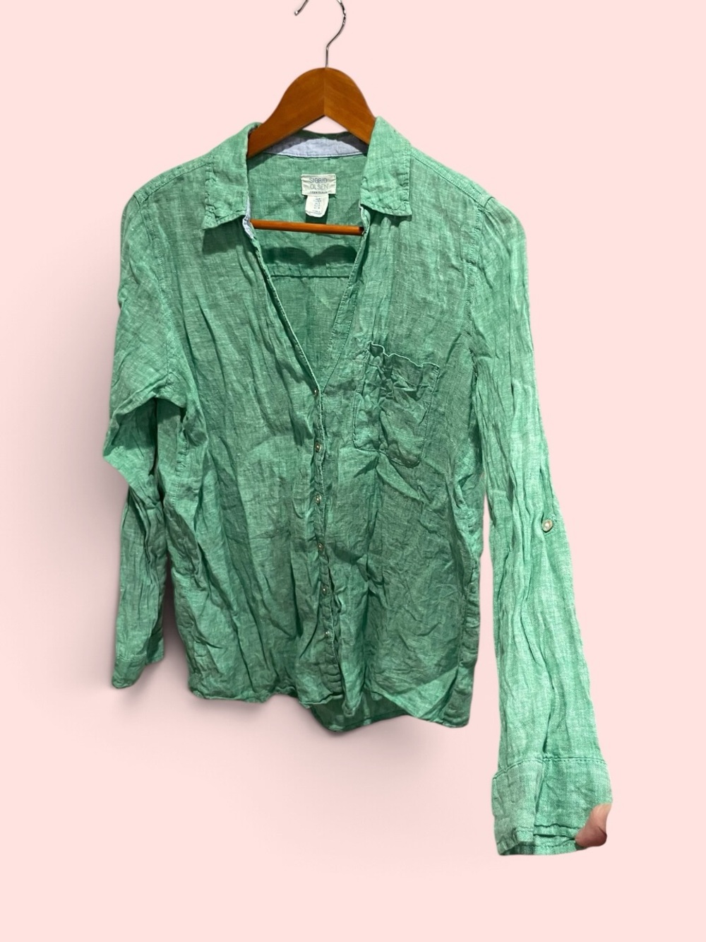 Cute green clover linen Sigrid Olsen long blouse pocket button front breezy